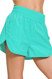 Zenana Windbreaker Smocked Waistband Running Shorts TURQUOISE - Fashorio