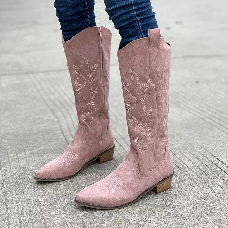 Suede point toe block heel boots full length view