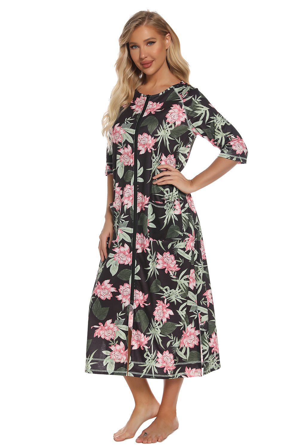 Printed Slit Night Dress with Pockets - Fashorio