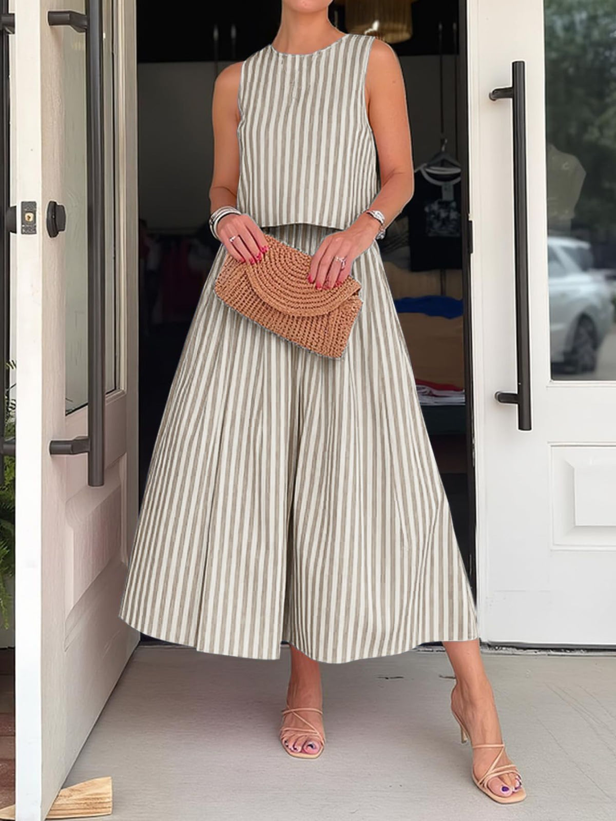 Green striped midi skirt set side profile