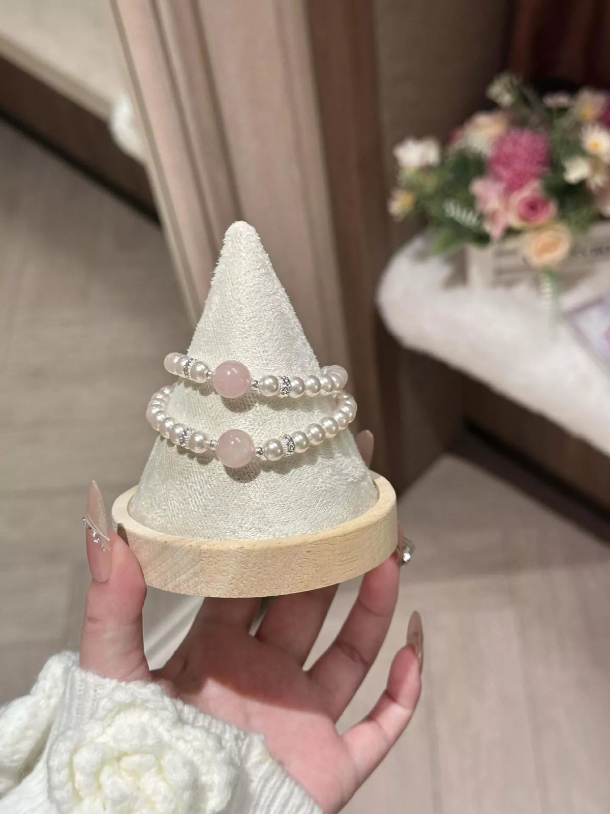 Blush pink pearl and crystal bracelet back view