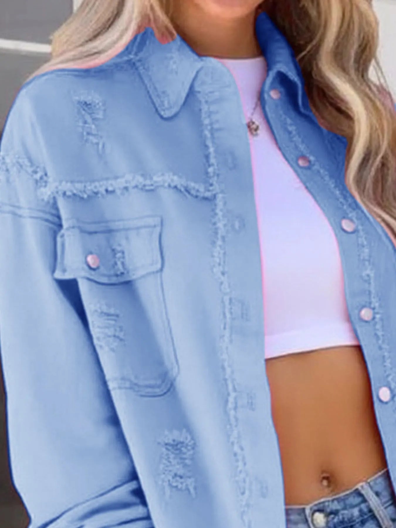 Distressed Denim Jacket with Frayed Edges - Fashorio