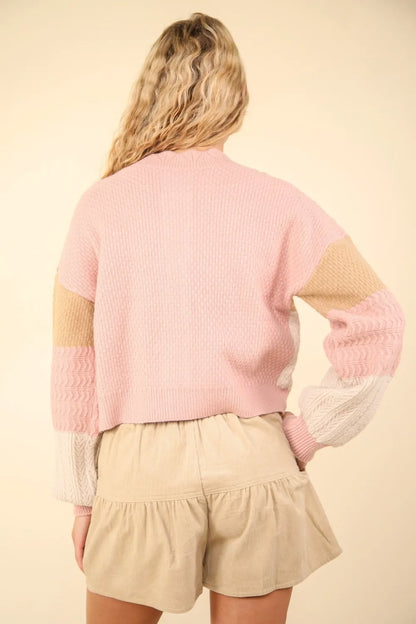 VERY J Color Block Button Down Textured Sweater Cardigan - Fashorio