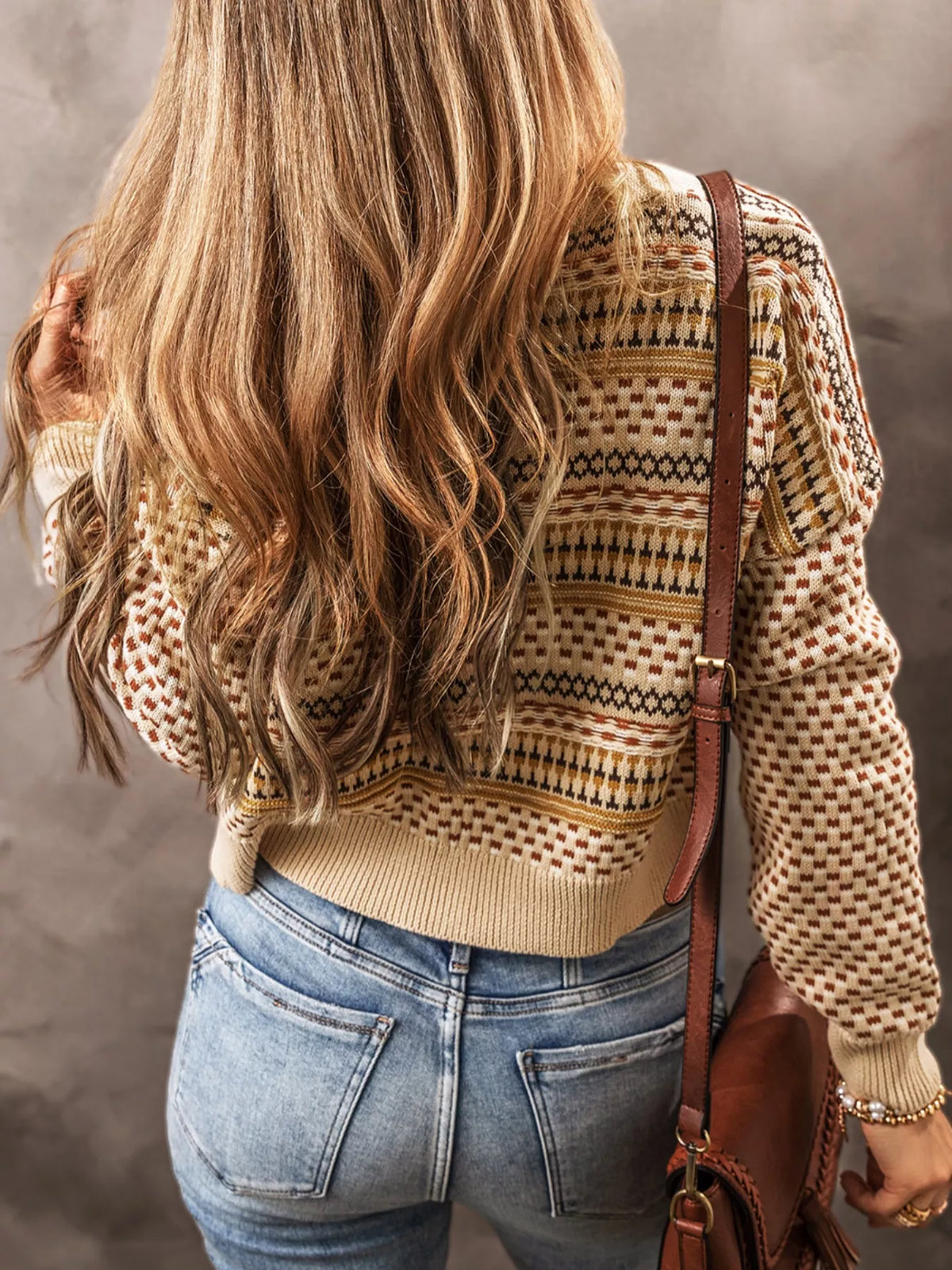 vintage patterned button down cardigan khaki back view