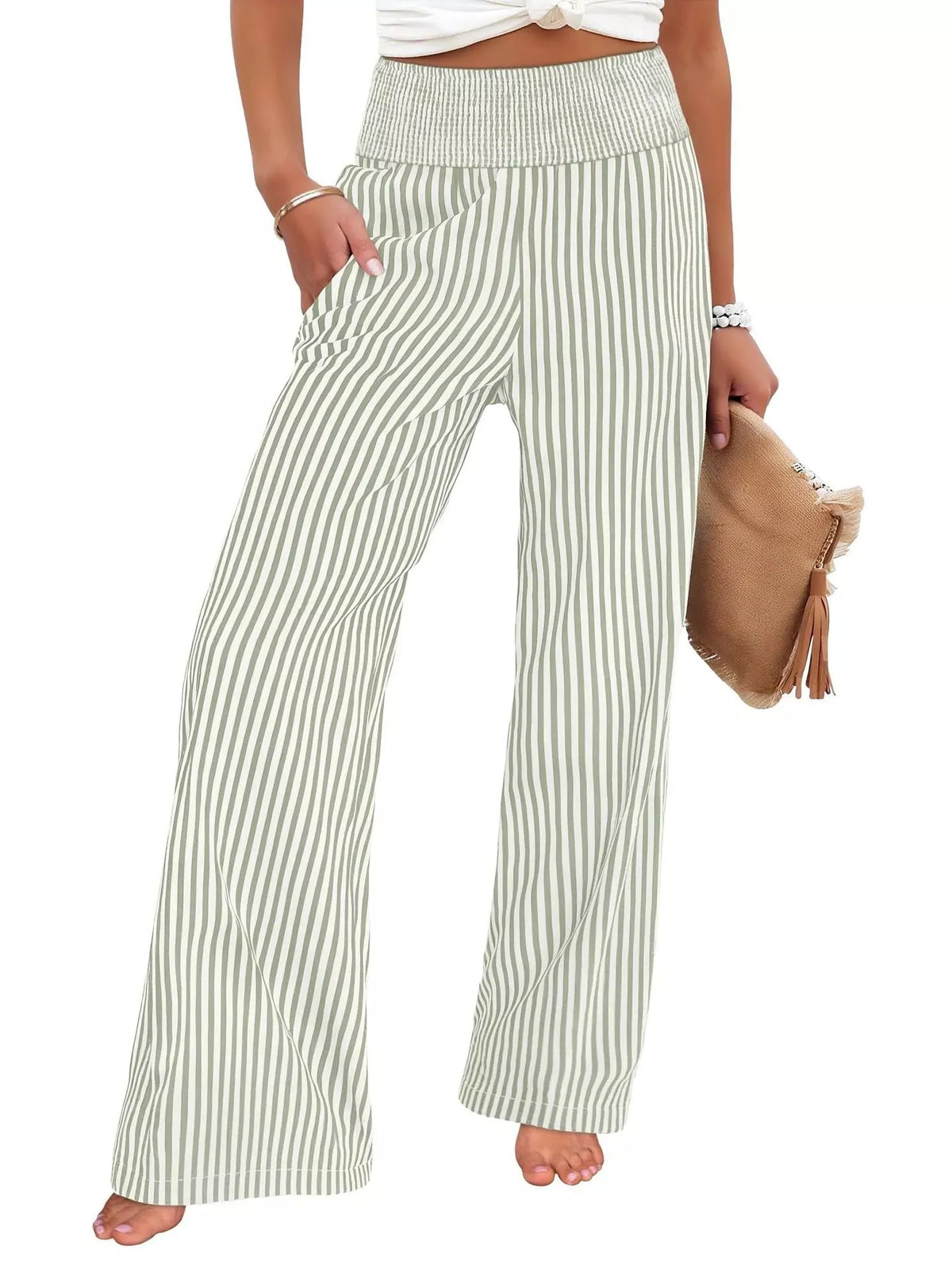 Striped smocked waist wide leg pants fabric detail
