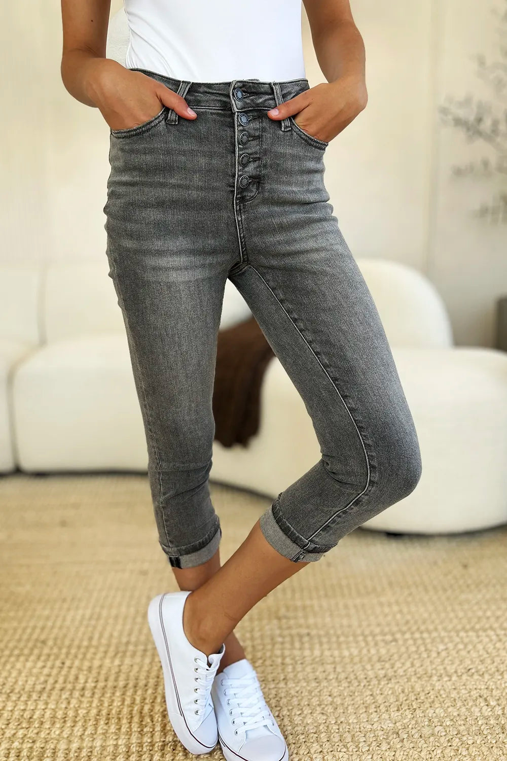 Judy Blue Full Size Button Fly High Waist Cuffed Capris - Fashorio