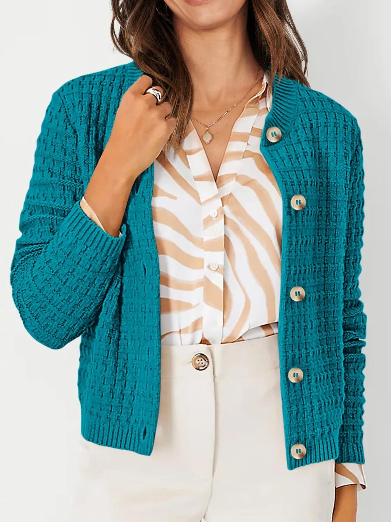 Textured Knit Button-Front Cardigan - Fashorio