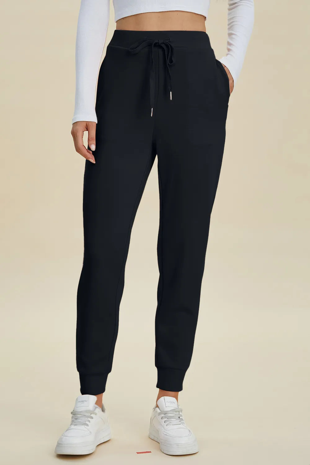 High waist drawstring scuba joggers drawstring waist detail