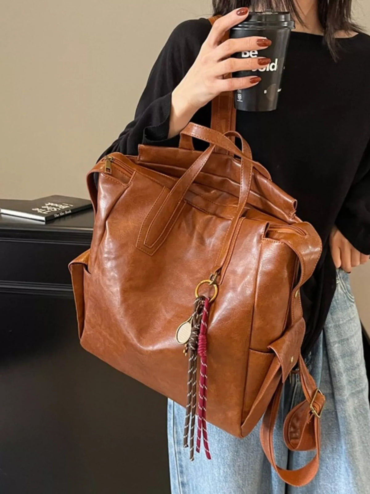 Vintage leather convertible backpack side angle