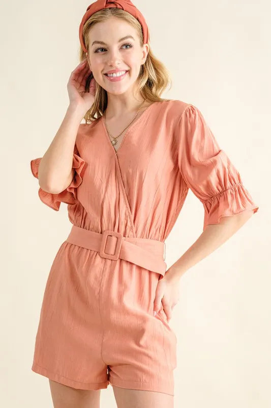 Flounce Sleeves Romper with Belt back view
