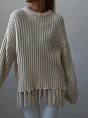 Fringe Round Neck Long Sleeve Sweater Beige - Fashorio