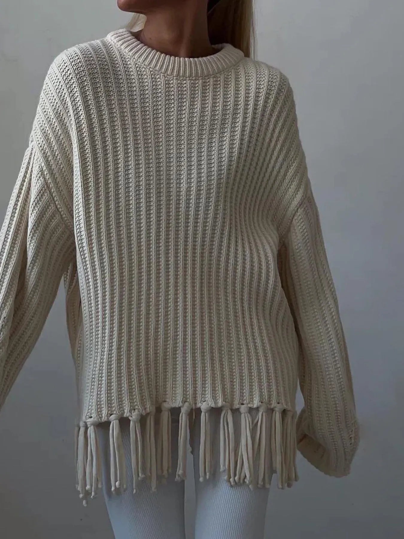 Fringe Round Neck Long Sleeve Sweater Beige - Fashorio