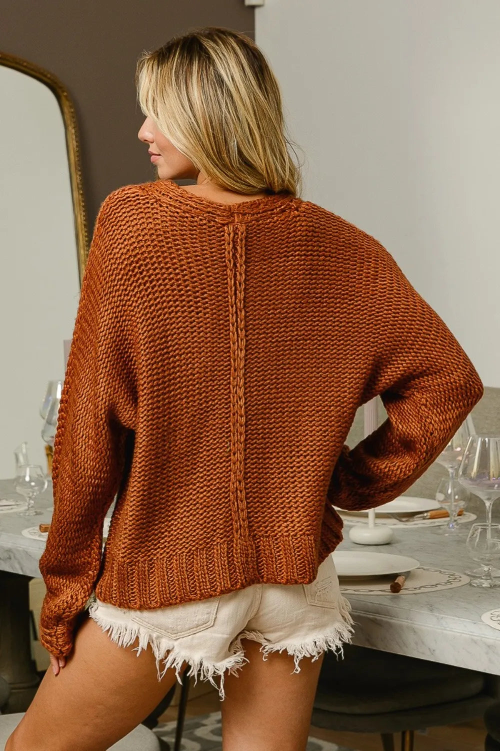 V Neck Cable Knit Sweater in Cinnamon back view