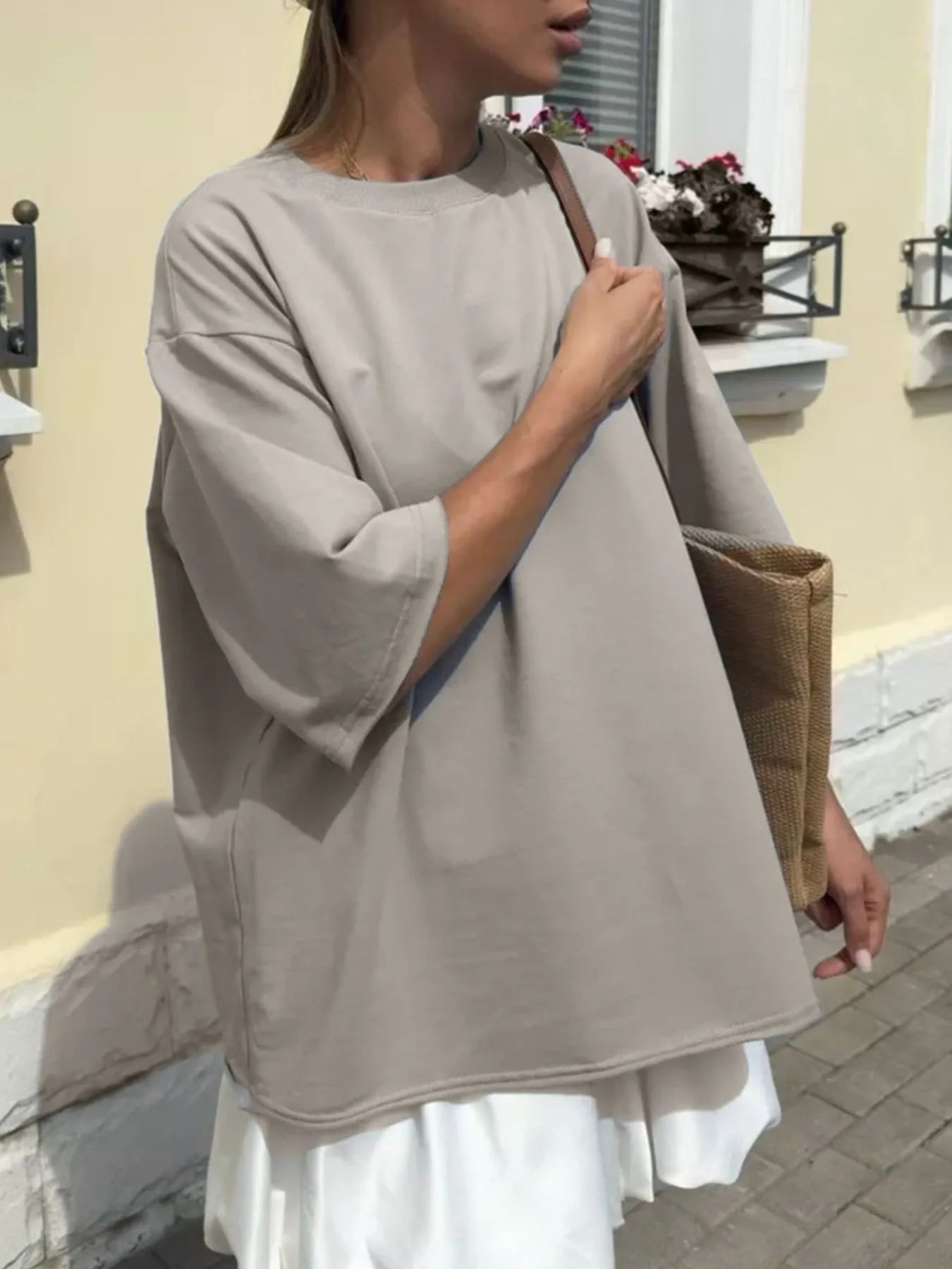 Round Neck Half Sleeve Oversized T-Shirt Light Gray - Fashorio