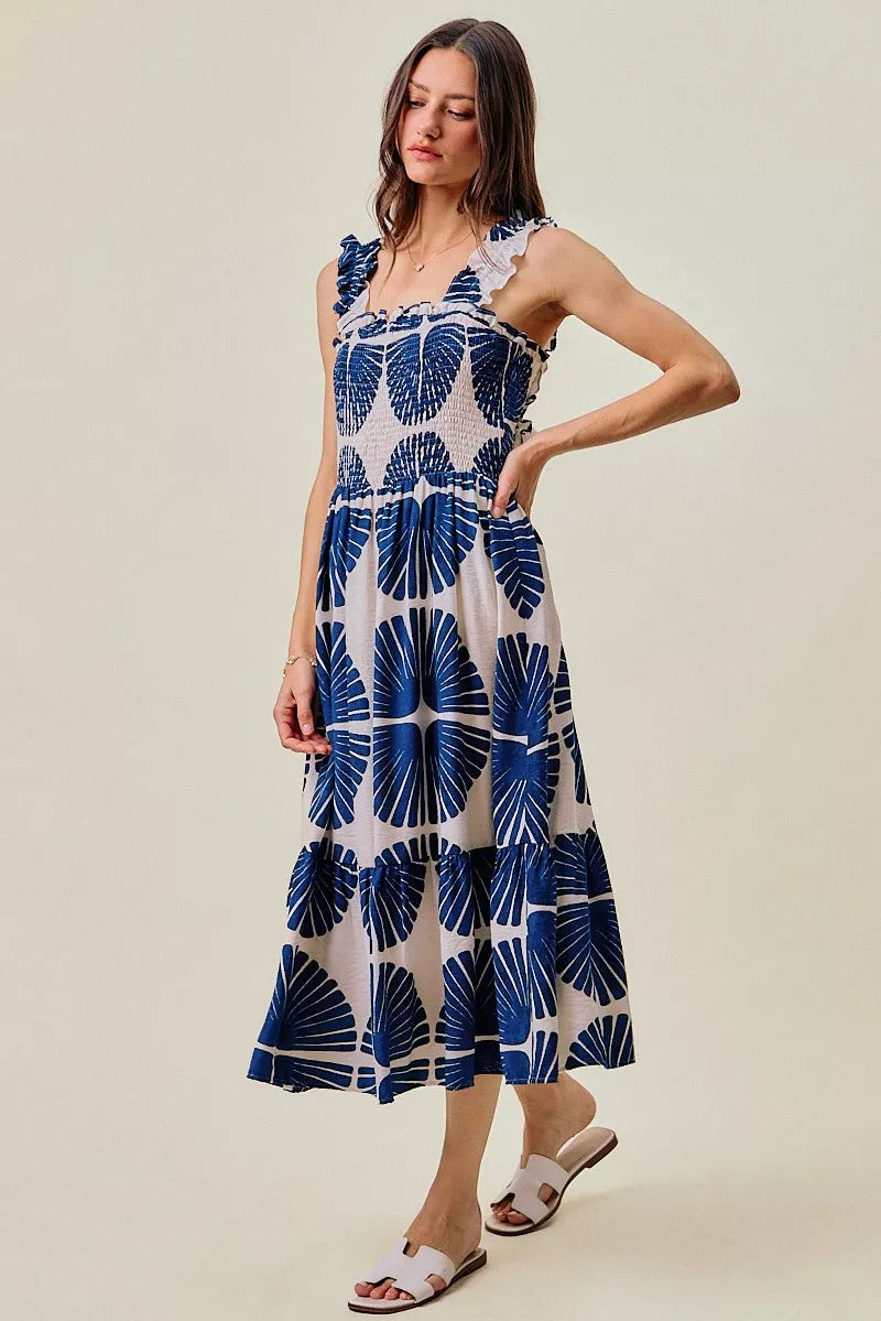 Navy abstract print smocked bodice tiered midi dress front view