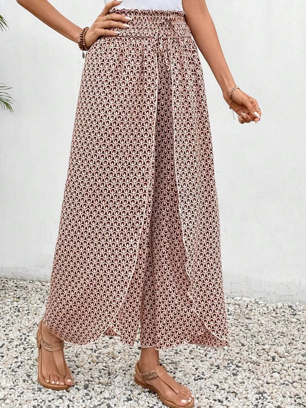 Tie waist wide leg pants fabric drape detail