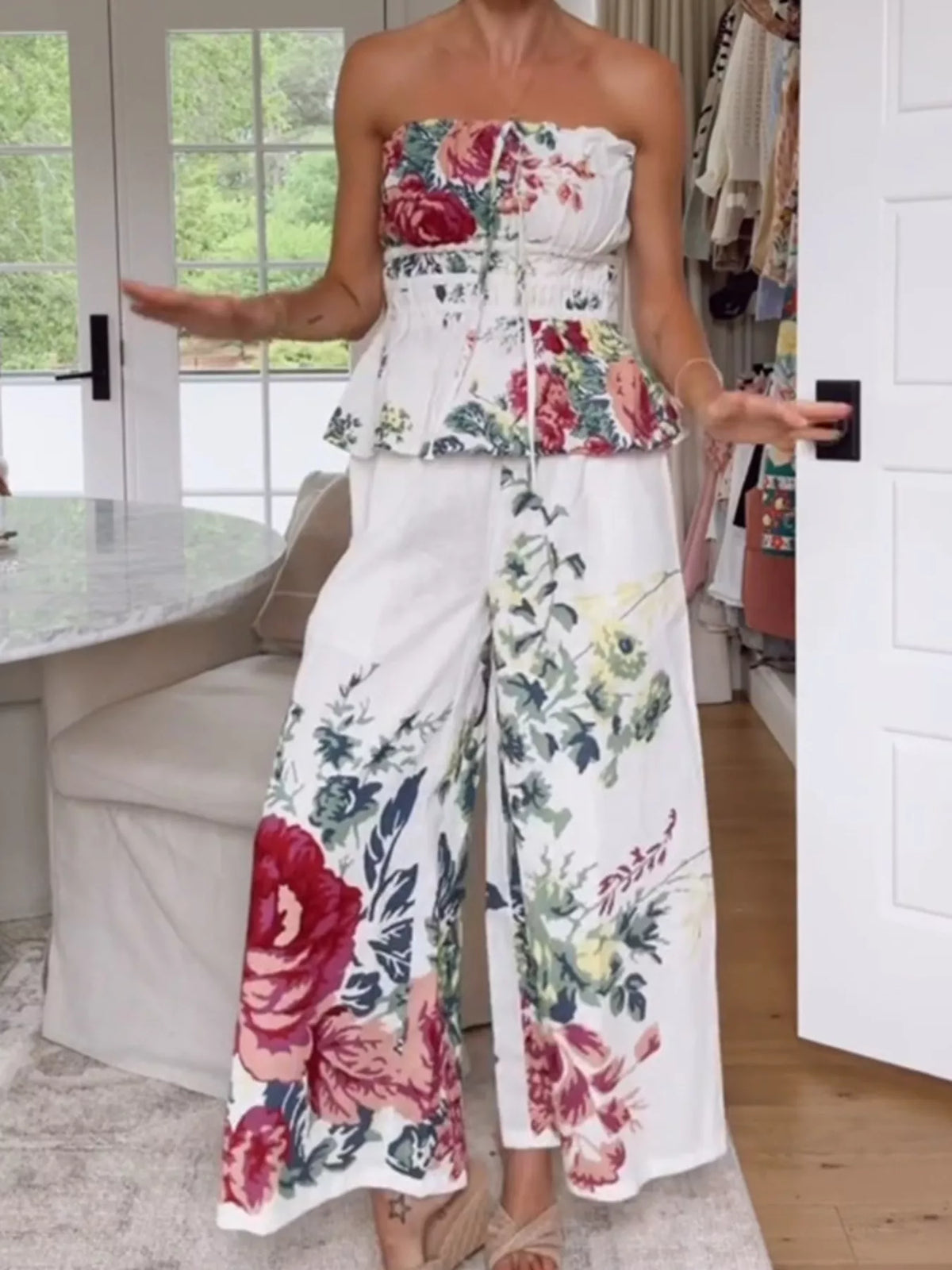 Floral wide leg pants set close up print detail