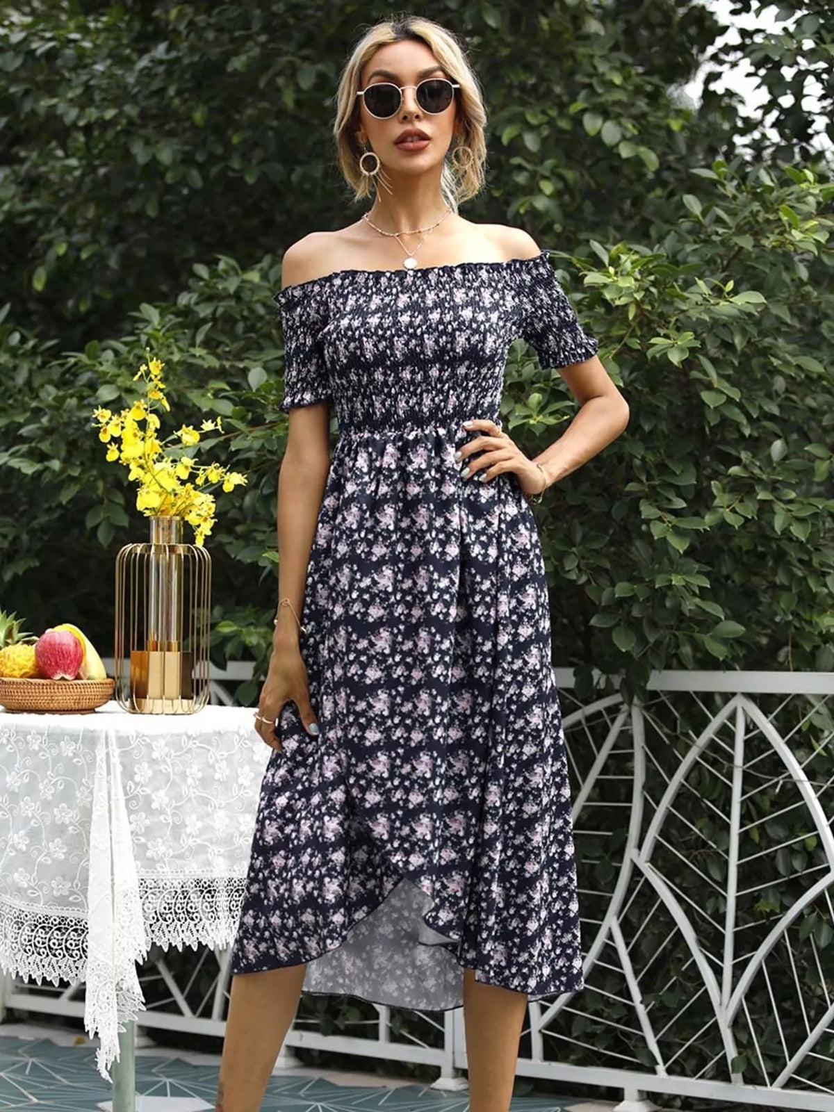 Floral print detail across the body of the dress