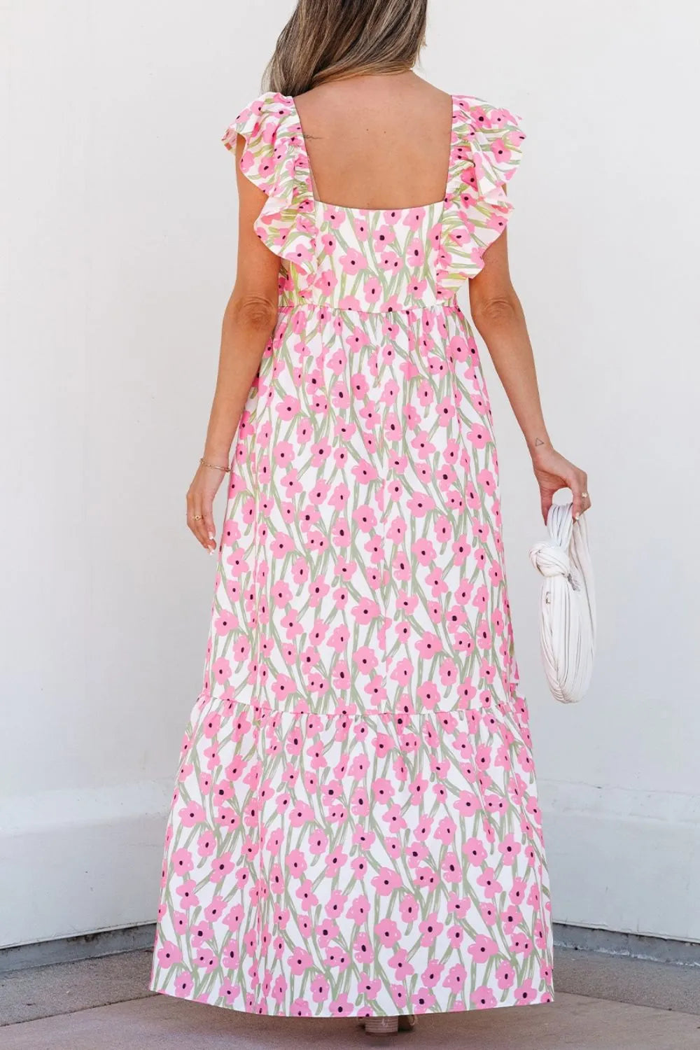 Blush pink floral square neck cap sleeve maxi dress, full length styling