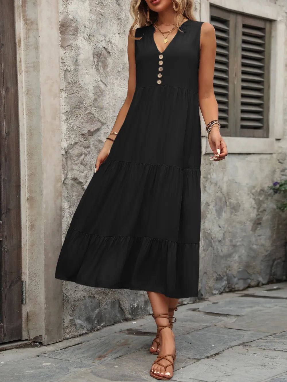 Ivy Lane Decorative Button Notched Sleeveless Dress - Fashorio