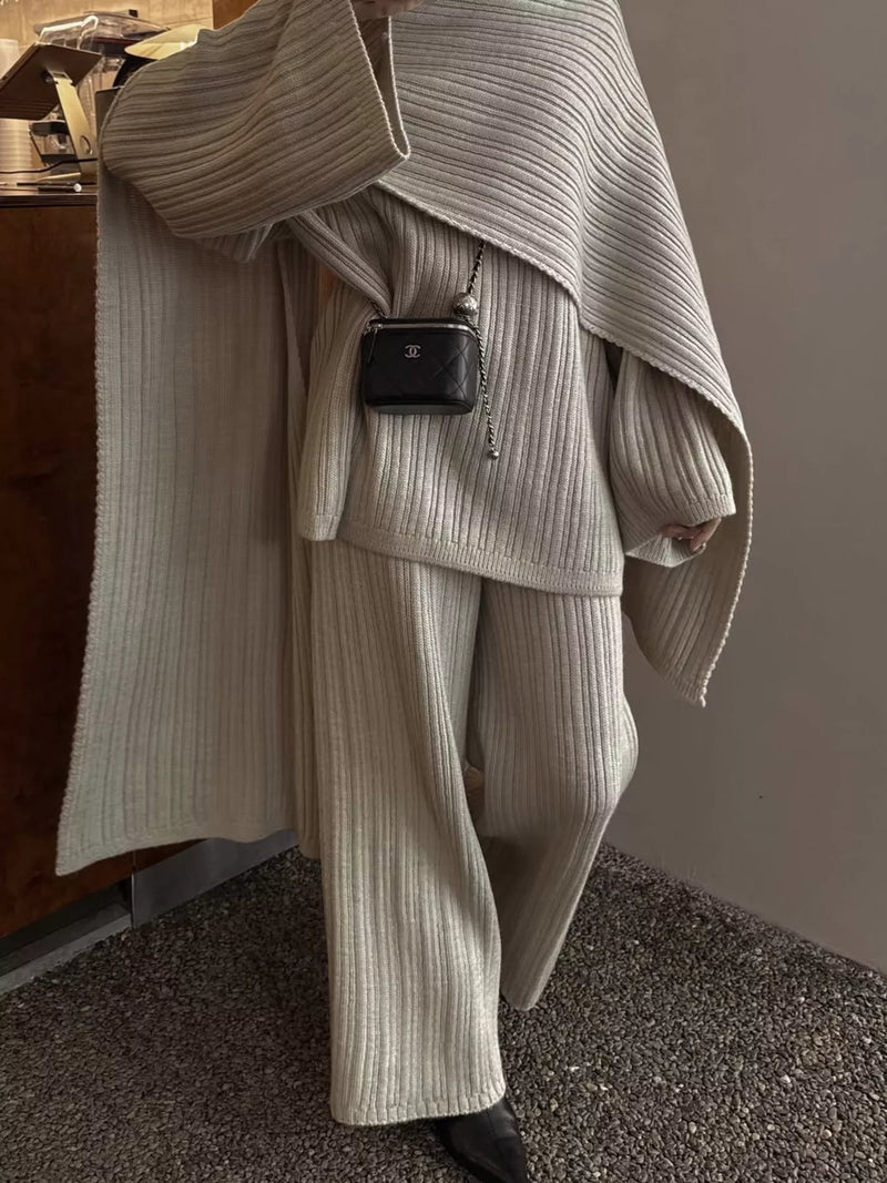 Ribbed sweater and wide leg pants three piece set with scarf front view