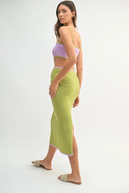 MABLE Ribbed Knit Color Block Cutout Midi Dress - Fashorio