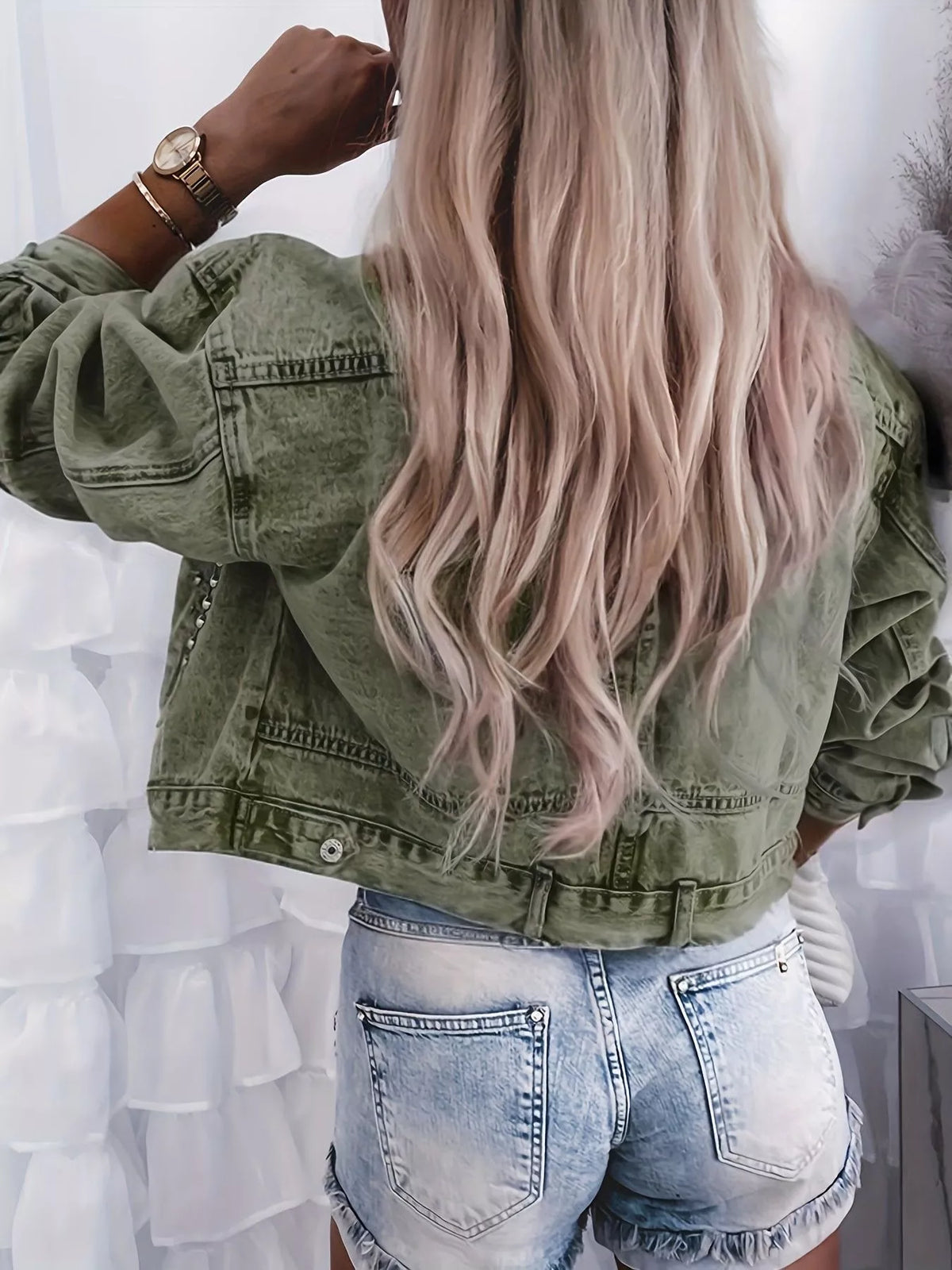 Studded Washed Denim Jacket in Army Green view 10