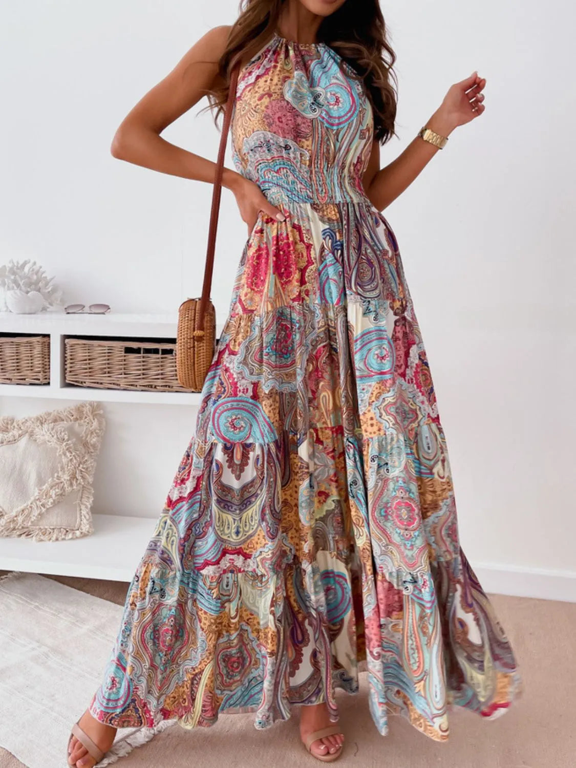 Printed halter neck backless maxi dress, back view