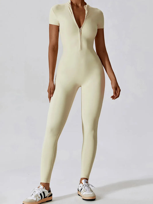 Basic Bae Half Zip Short Sleeve Active Jumpsuit Light Yellow - Fashorio