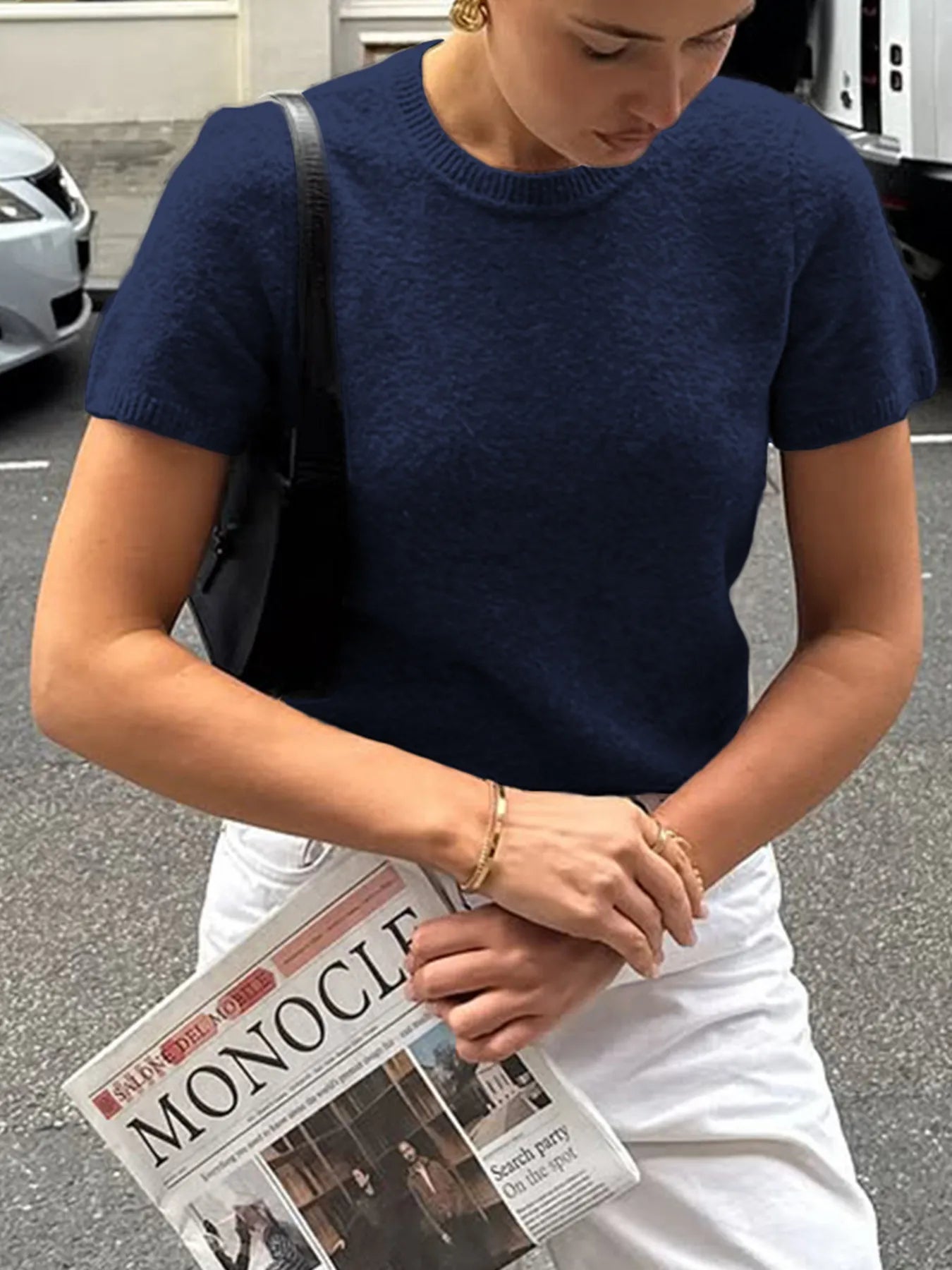 Round Neck Short Sleeve Sweater - Fashorio