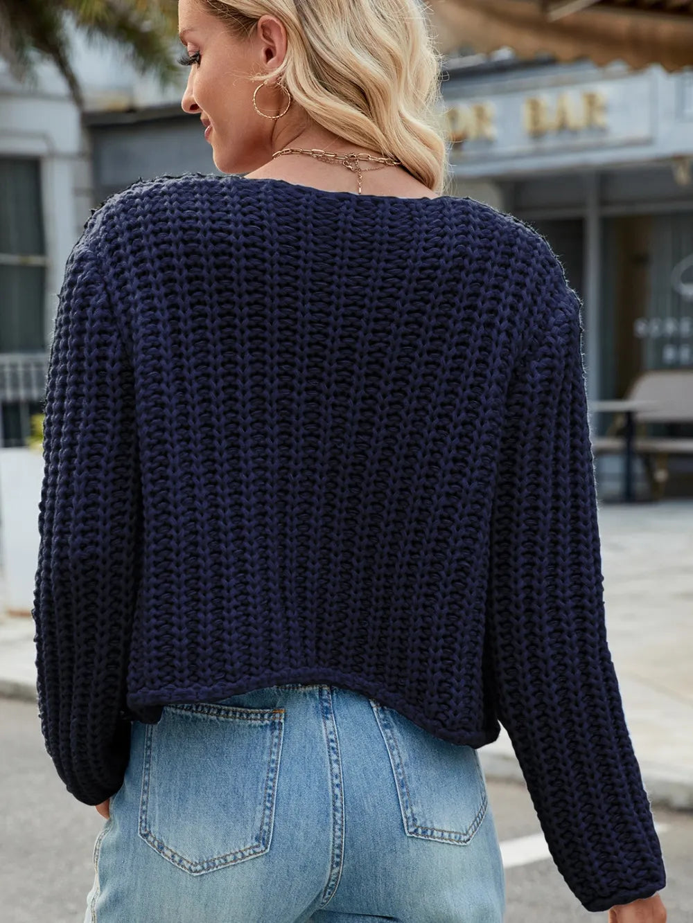 Round Neck Button Up Cardigan with Pockets Dark Blue - Fashorio