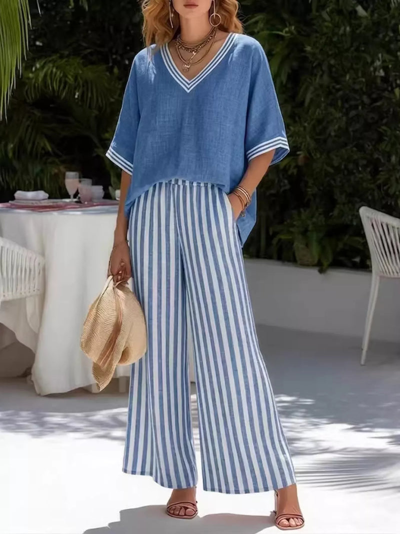 Striped V neck top and wide leg pants set front view