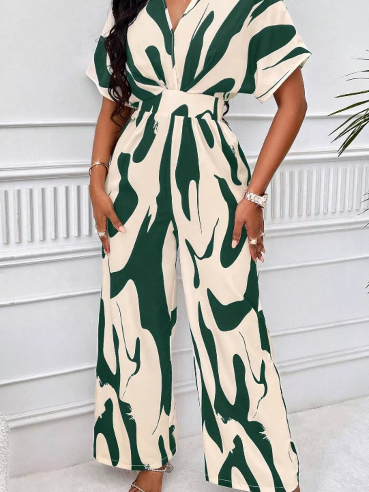 Abstract print wide leg jumpsuit with ruched bodice styled view