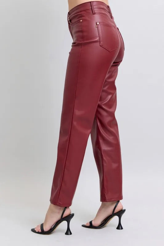 Judy Blue Full Size High Waist Tummy Control Faux Leather Straight Pants Plus Size - Fashorio