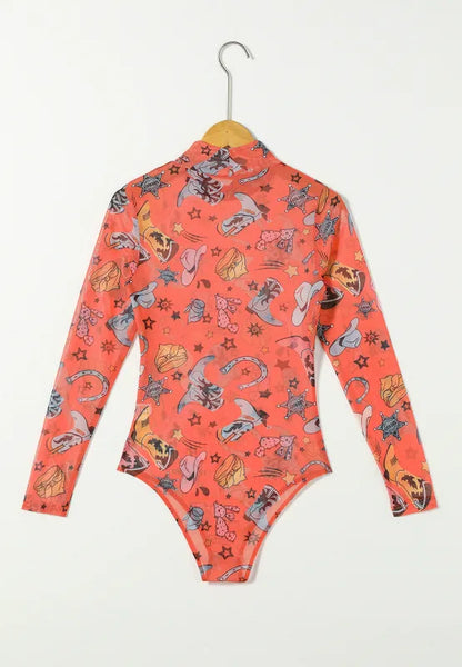 Printed Mock Neck Long Sleeve Bodysuit - Fashorio