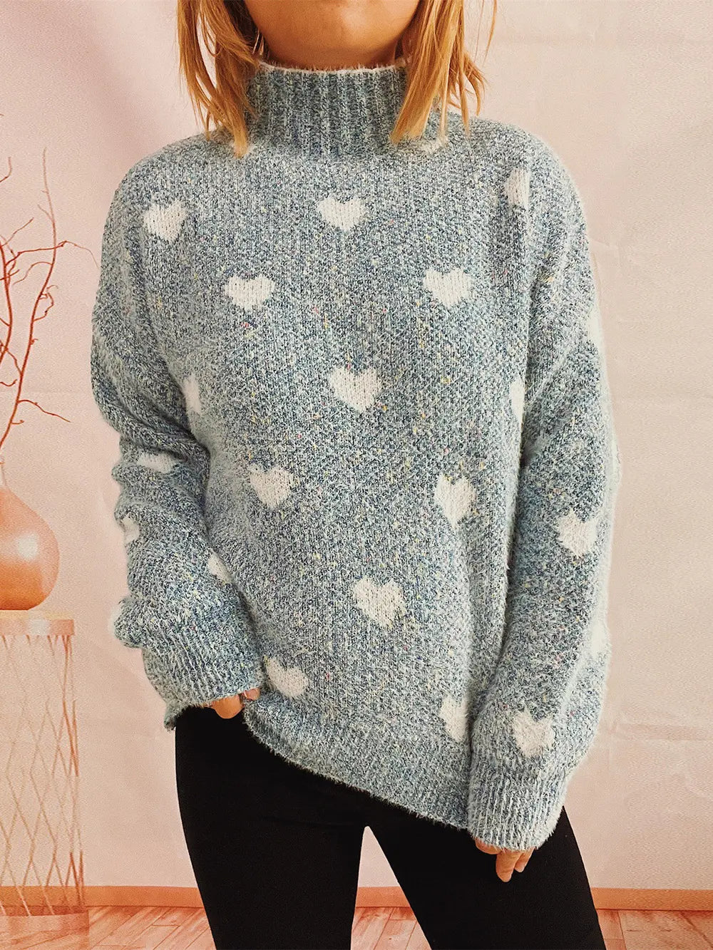 Heart Heathered Turtleneck Drop Shoulder Sweater Misty Blue One Size - Fashorio