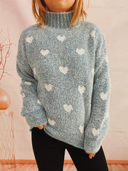 Heart Heathered Turtleneck Drop Shoulder Sweater Misty Blue One Size - Fashorio