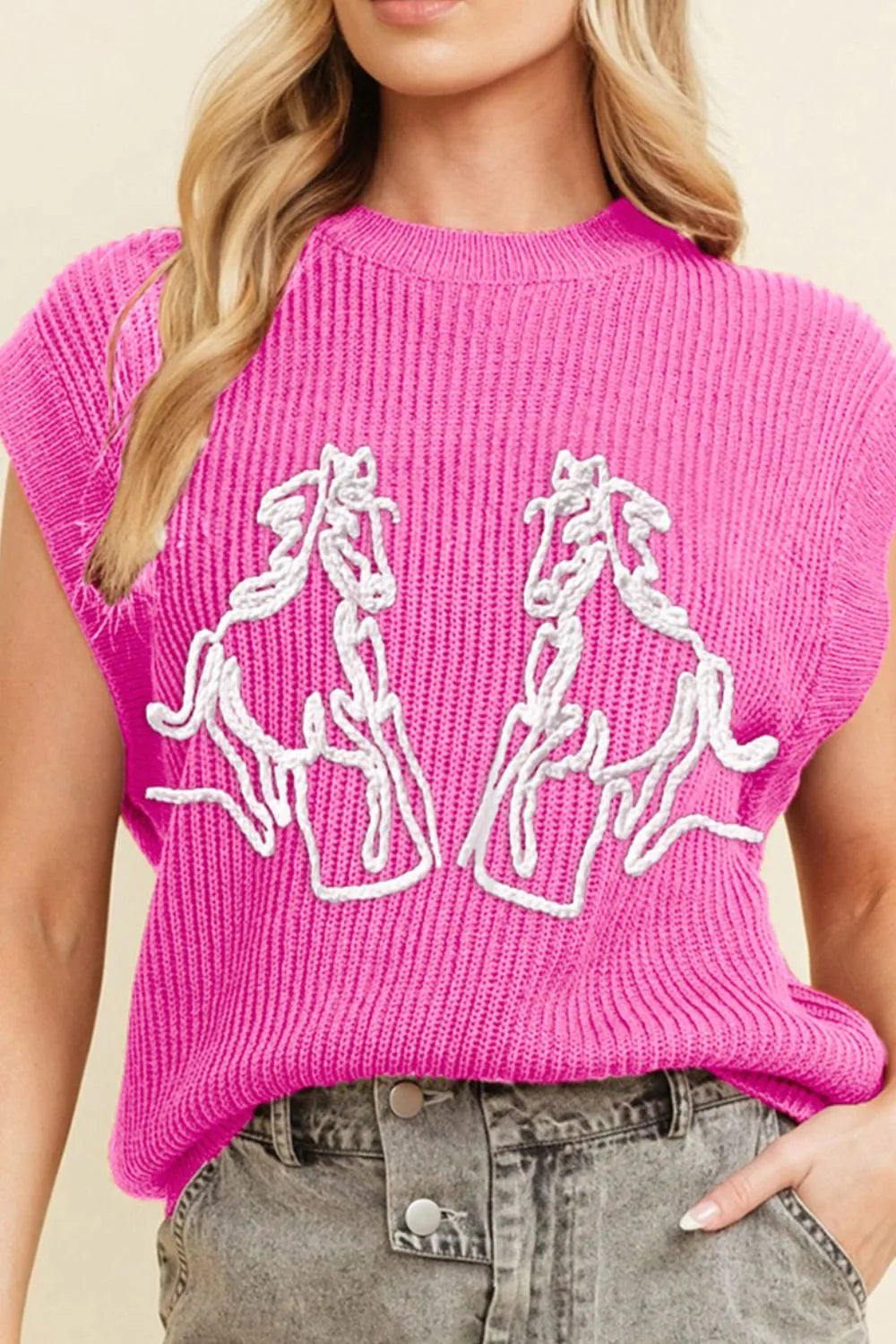 Western Horse Embroidered Round Neck Sweater in Fuchsia side view