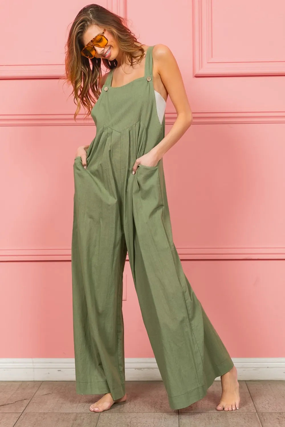 Ruched Wide Leg Overalls with Pockets back view