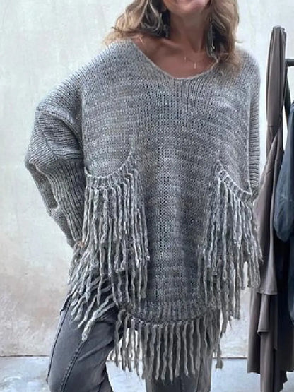 Fringe Detail Long Sleeve Sweater with Pockets Dark Gray - Fashorio