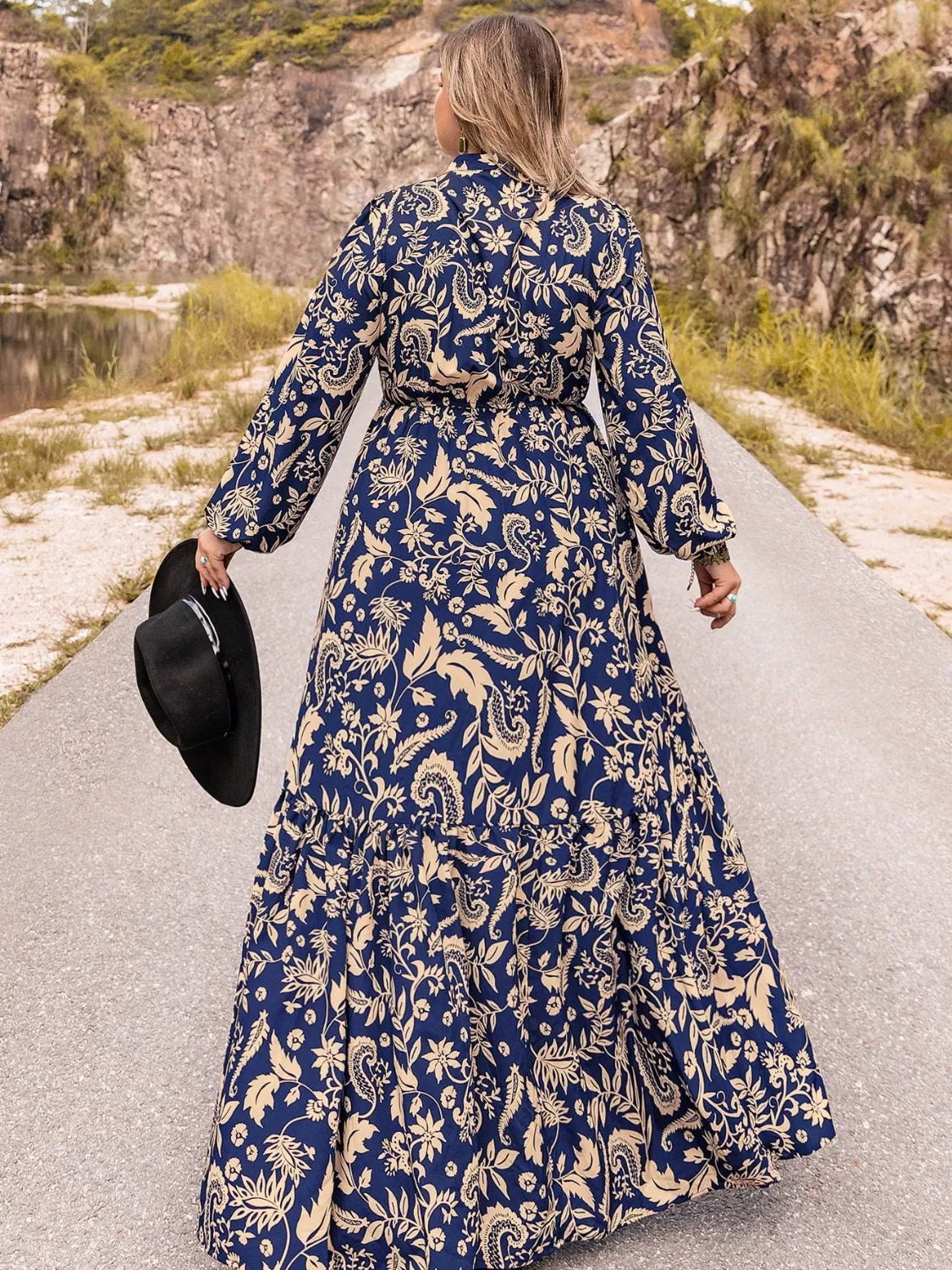 dark blue plus size floral long sleeve maxi dress detail view