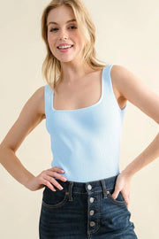 And The Why Ribbed Square Neck Bodysuit Lt.Blue - Fashorio