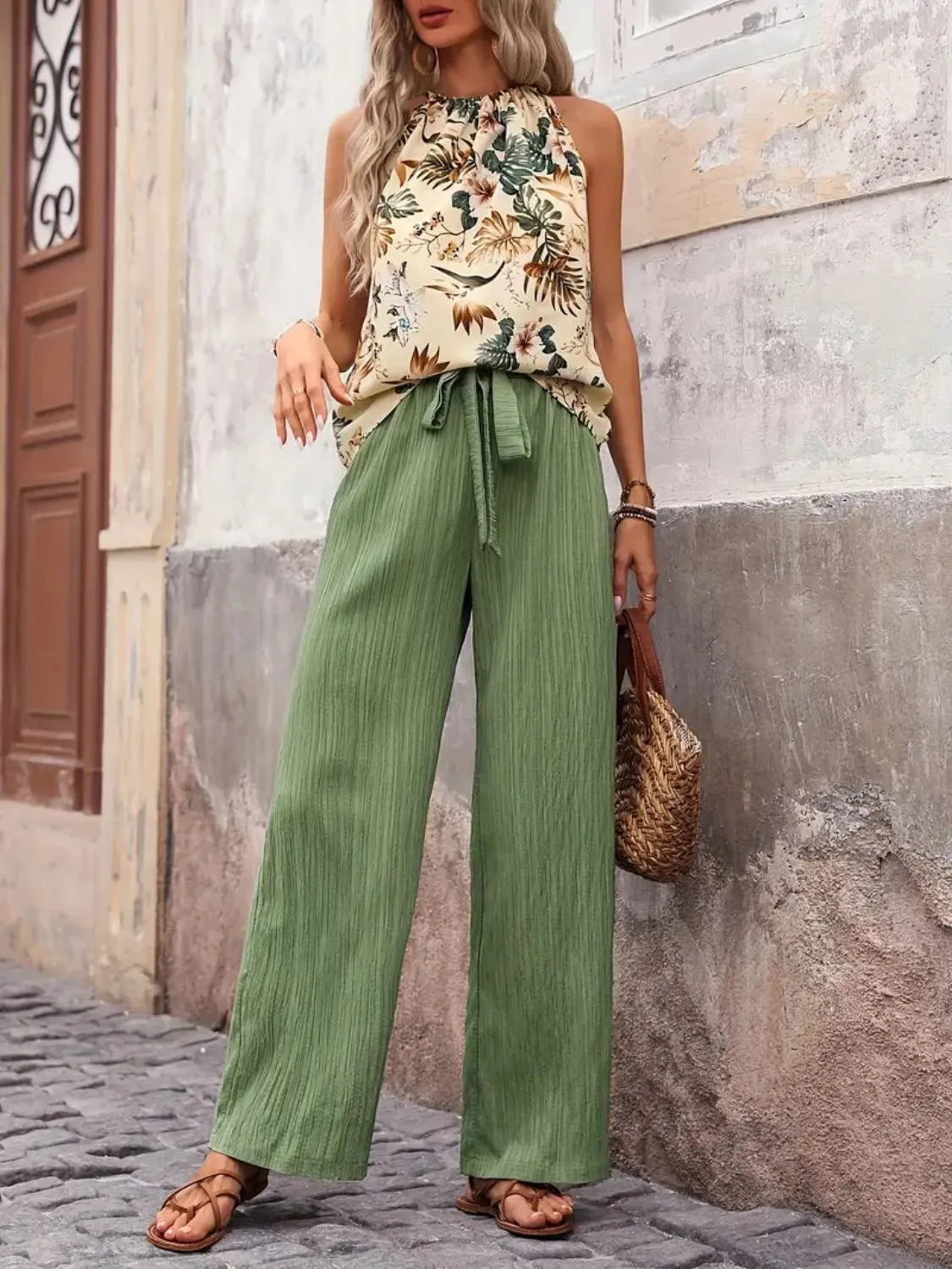 Printed Tank Top and Wide Leg Pants Set - Fashorio