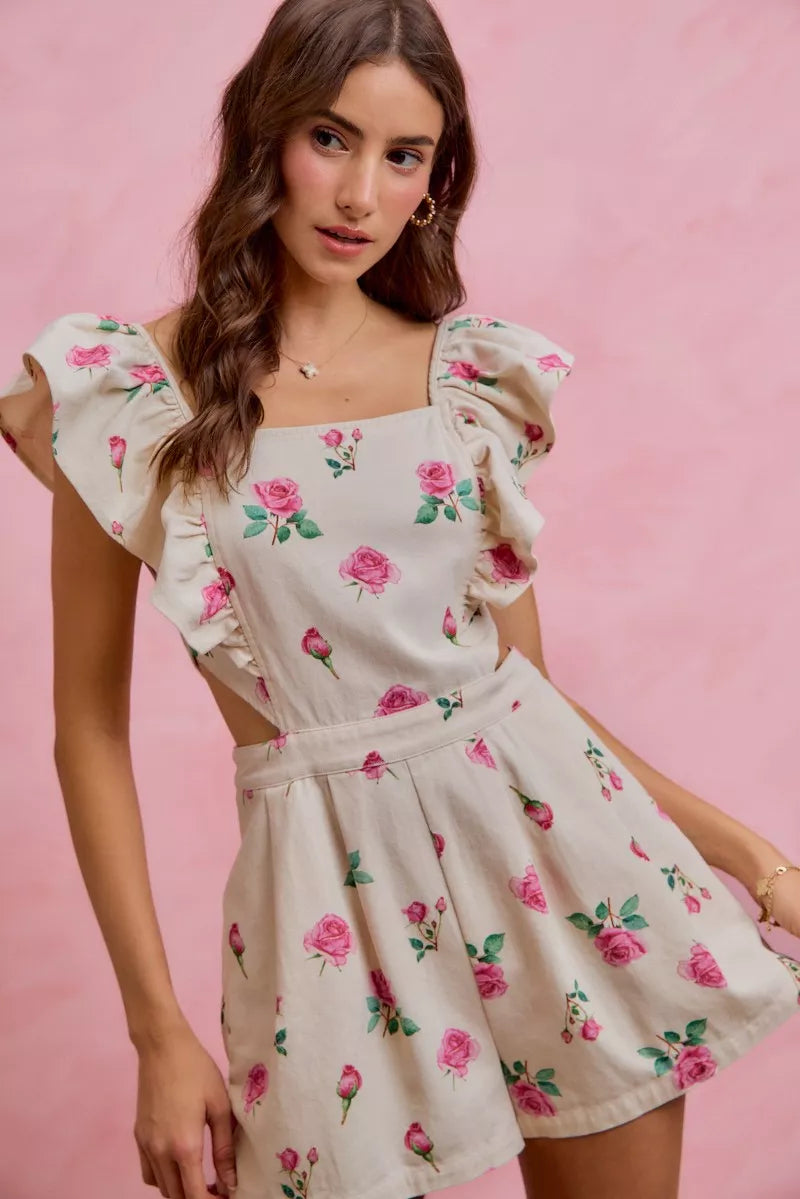Floral Print Denim Cut Out Waist Ruffled Romper close up