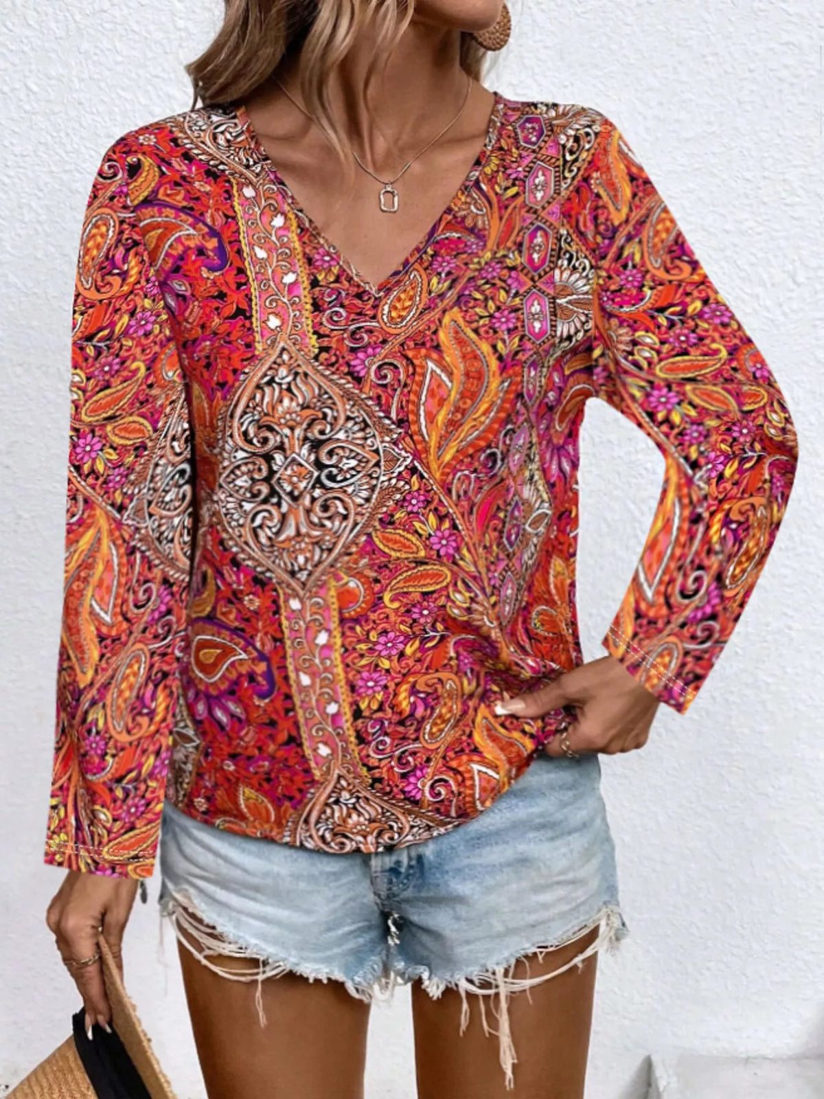 Paisley long sleeve blouse shoulder detail