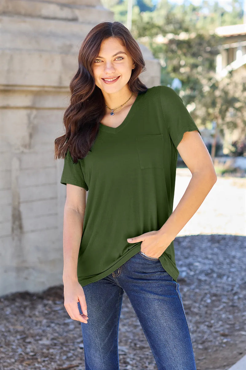 V neck short sleeve pocket tee front view