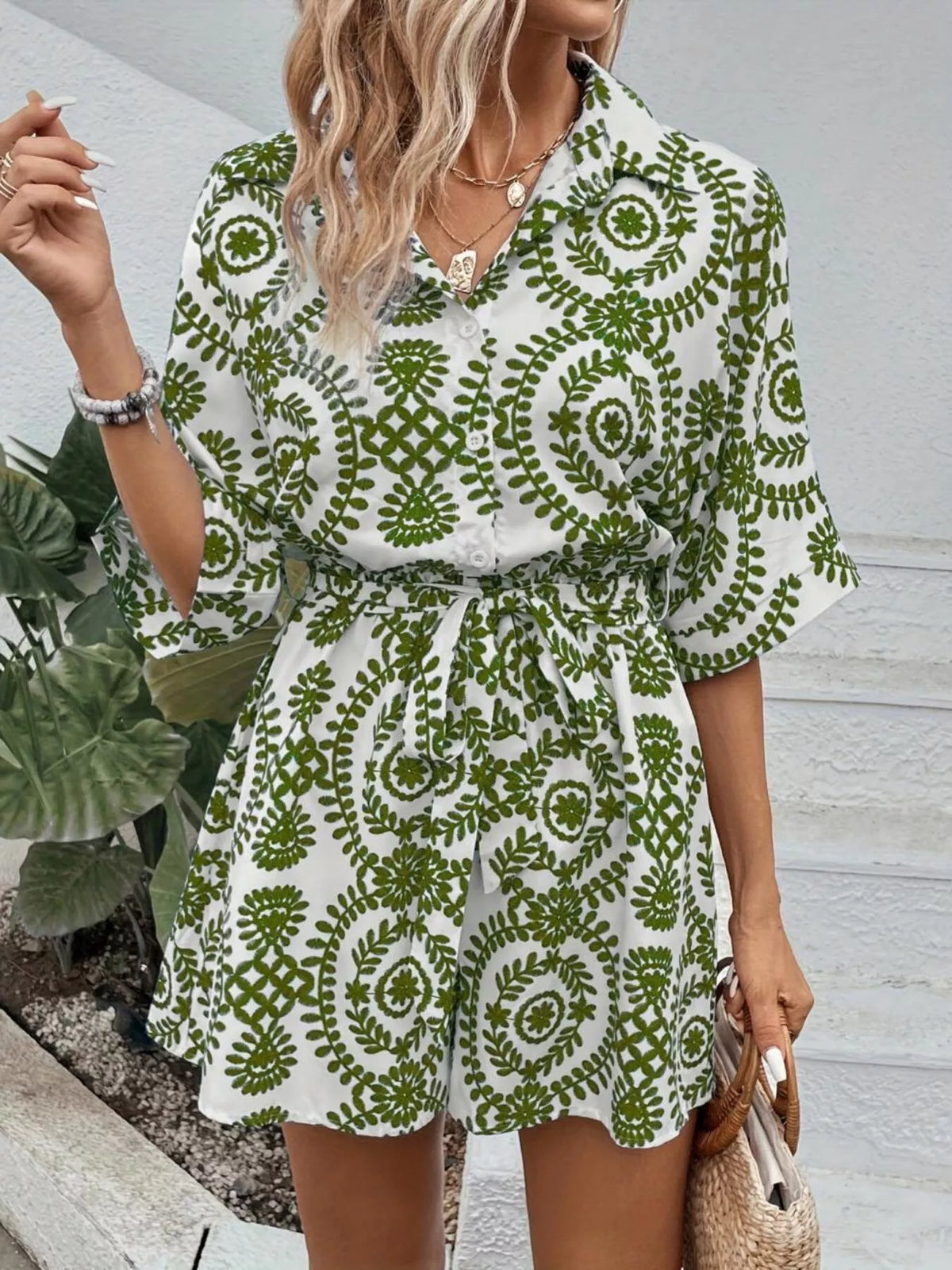 Printed tie waist button front romper, close up