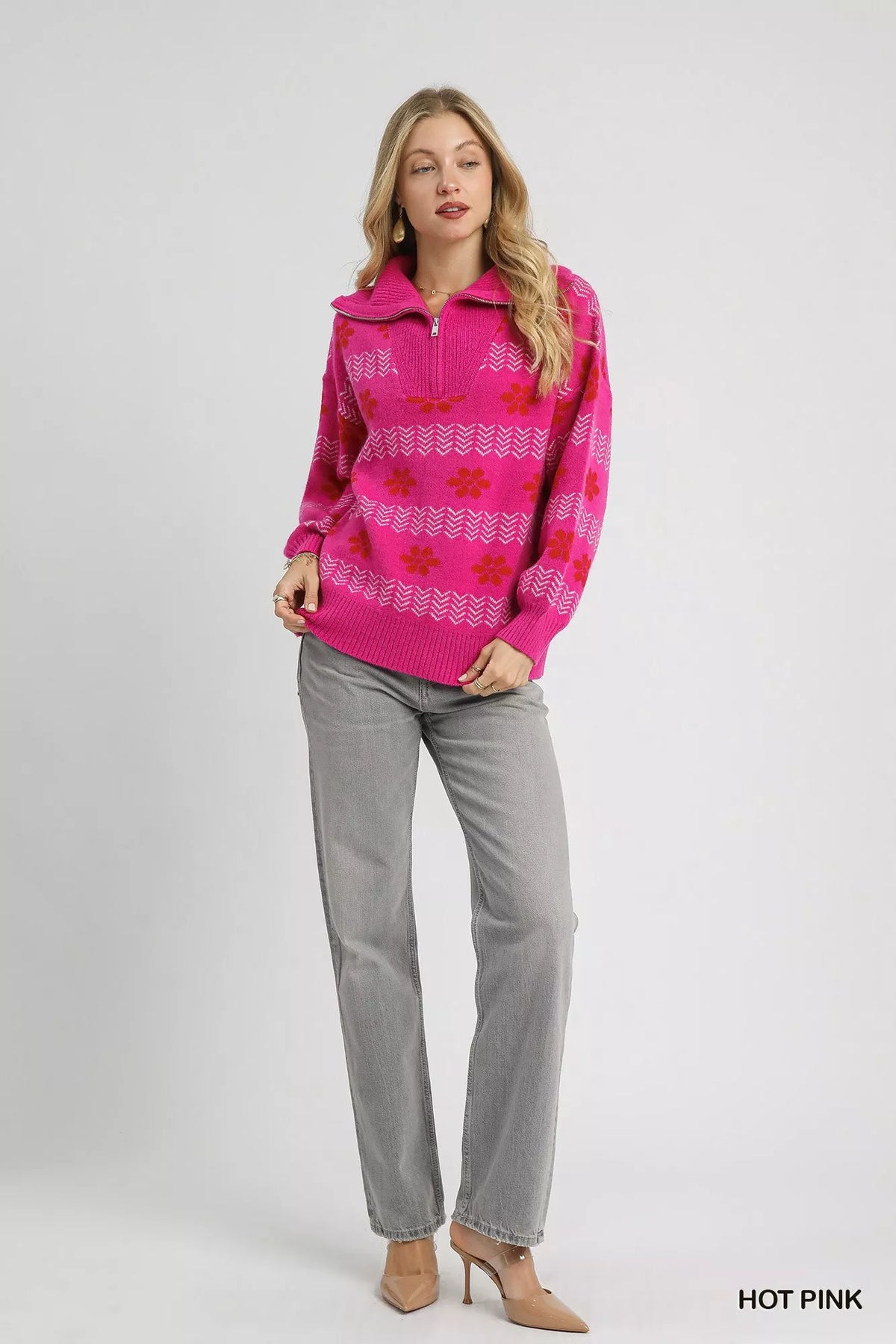 Floral Jacquard Quarter Zip Pullover in Hot Pink styled look