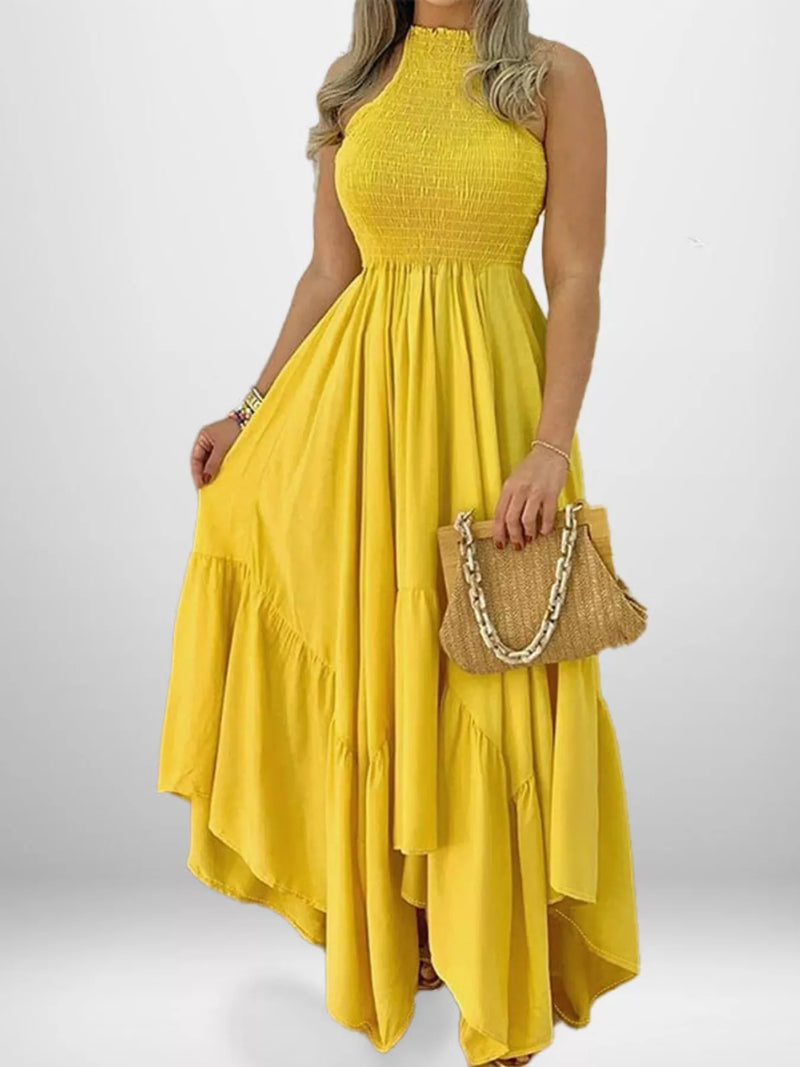 Smocked sleeveless ruffle hem plus size maxi dress front view