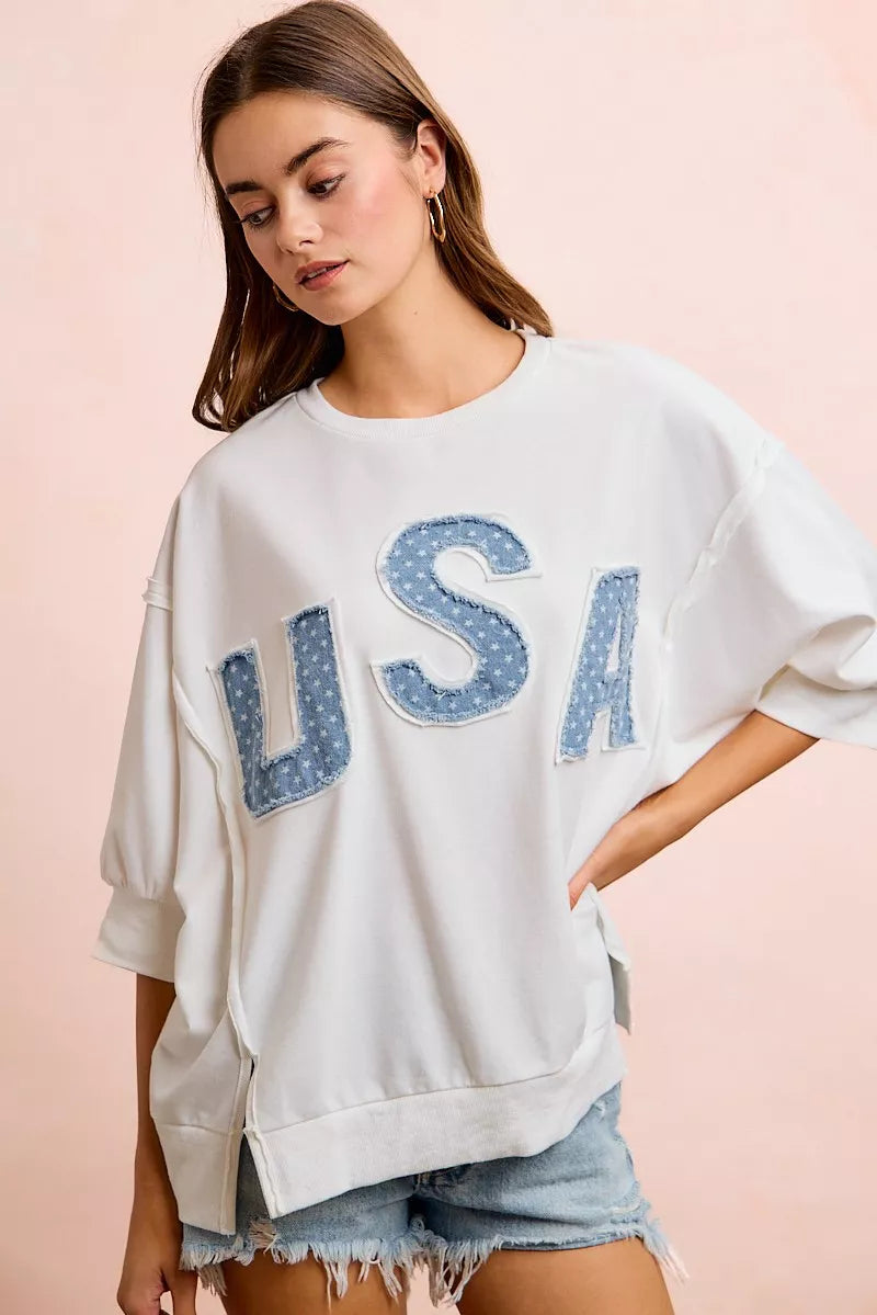 Ivory BiBi USA letter patchwork French terry top fabric detail